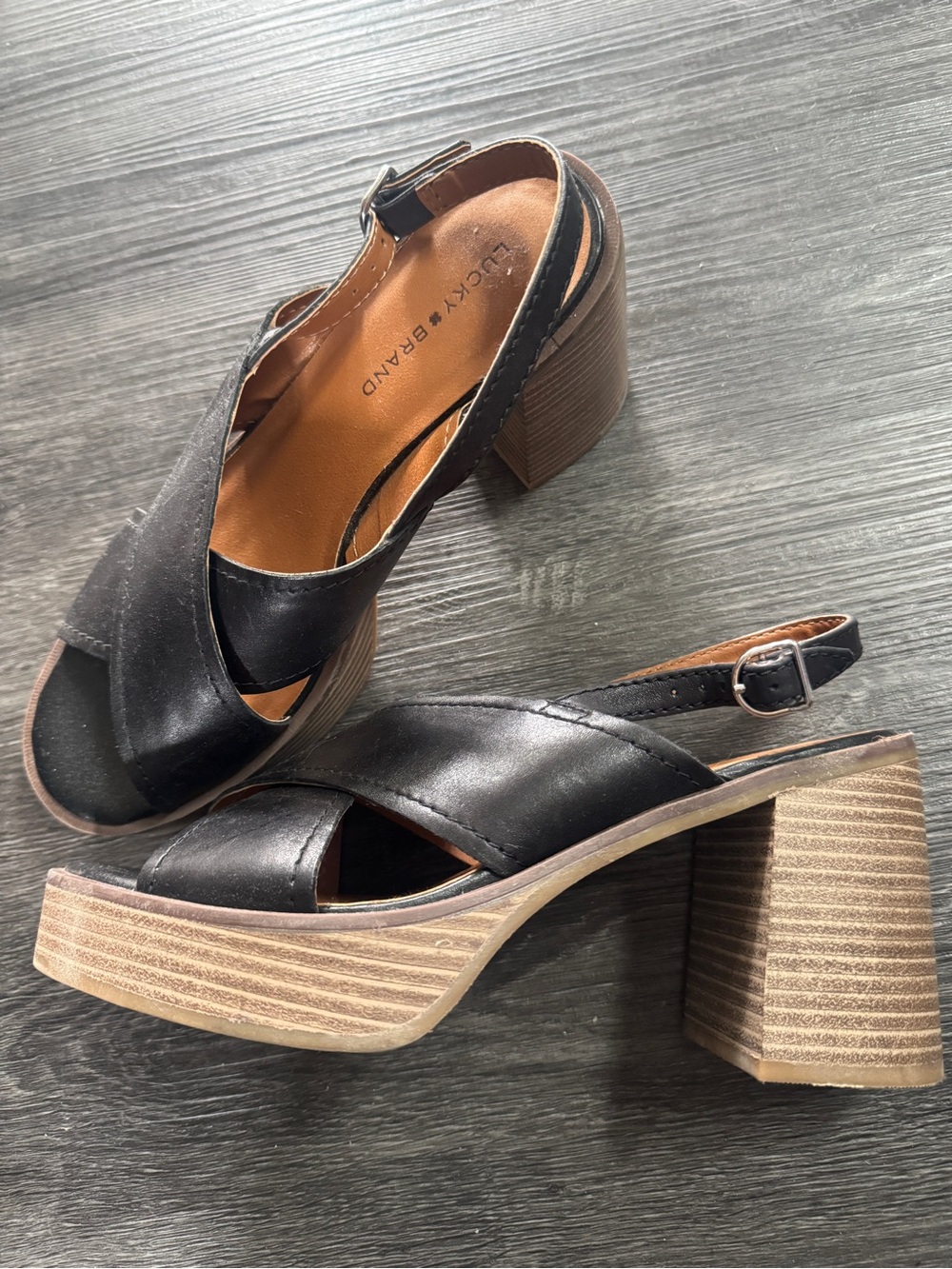 Lucky Brand Black Leather Crisscross Slingback Block Heel Sandals